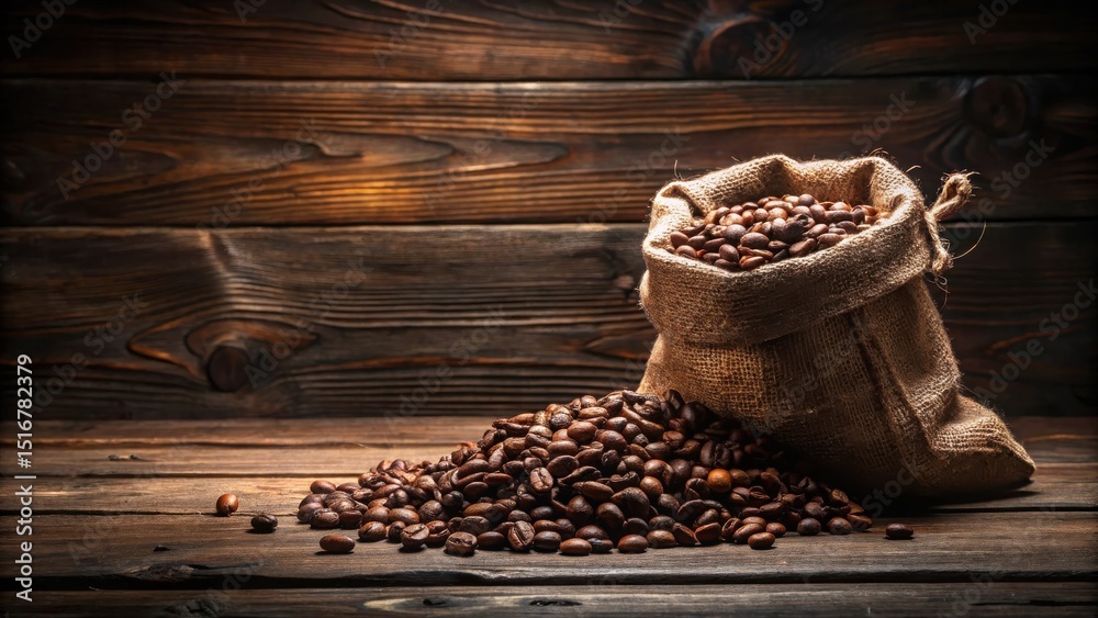 Aufkleber A Rustic Burlap Sack Overflowing with Aromatic Coffee Beans Spilled Onto a Weathered Wooden Surface