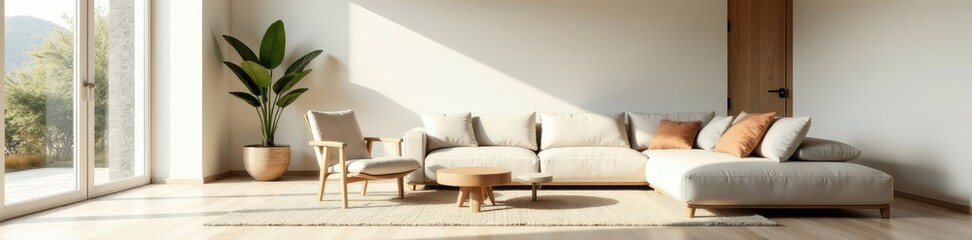 Minimalist living room, neutral palette, natural light, rug, walls, apartment