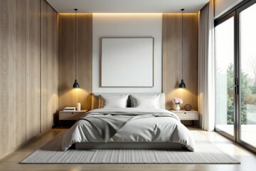 Minimalist bedroom, sleek lines, geometric decor, space, elegant