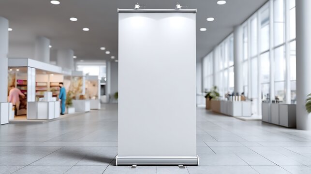 A blank roll-up banner displayed at a trade show, showcasing its potential for advertising, with a clean mockup design set in an exhibition setting.