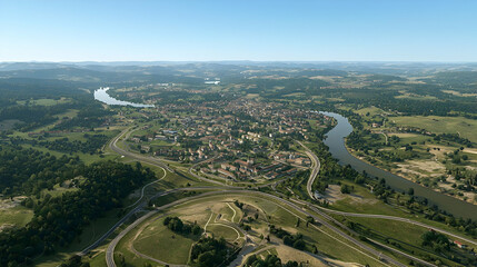 Obraz premium High Angle View Of European Town Beside River