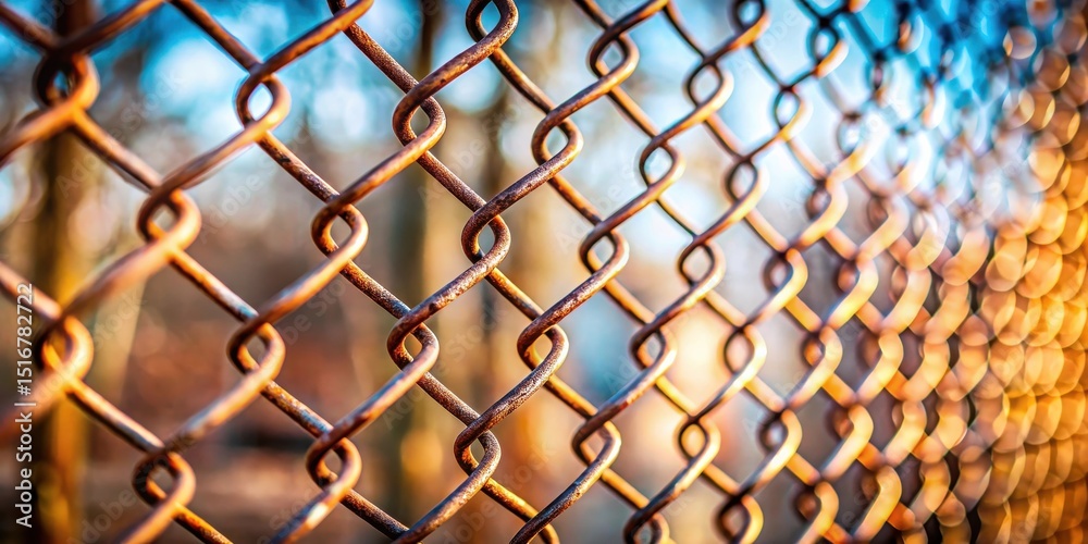 Poster rusty chain link fence in golden hour light, a close-up showing the interwoven metal and blurred bac