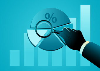 Business or investment data analysis, hand with magnifying glass examining pie chart