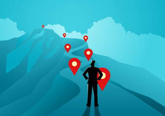 Success journey concept, businessman following map pins toward mountain goal