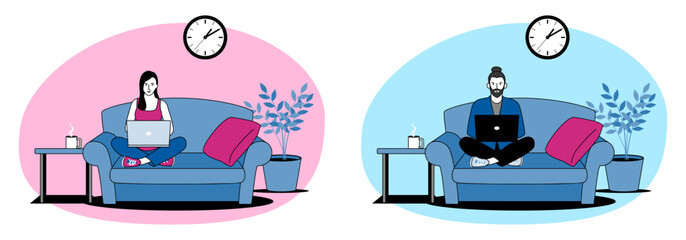 Remote work from home vector illustration, man and woman using laptops on couch