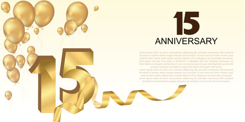 Elegant 15th anniversary celebration with golden balloons, ribbon, and bold 3D numbers. Perfect for greeting cards, banners, or party invitations. Luxurious and festive vector design.