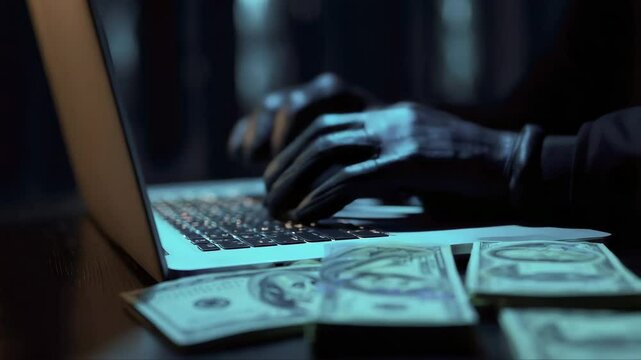Top view on the hands of an attacker programmer hacking a data server from his laptop. Money is thrown on the table, lies a telephone, a gun, and a mask. The concept of cybercrime and hacking database