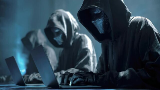 A group of hackers is hacking laptops.