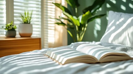 A serene and cozy bedroom scene featuring an open book on the bed, illuminated by warm sunlight filtering through the blinds, complemented by lush green plants nearby.