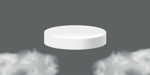 Podium white with realistic 3d clouds. Banner template for marketing, sale, promotion. Vector illustration 