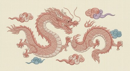Obraz premium Digital Embroidery Style Illustration of a Chinese Dragon and Clouds