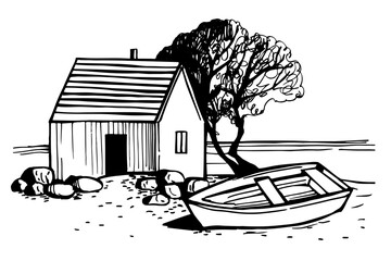 Hand-drawn  house and boat on the seashore. Vector sketch illustration