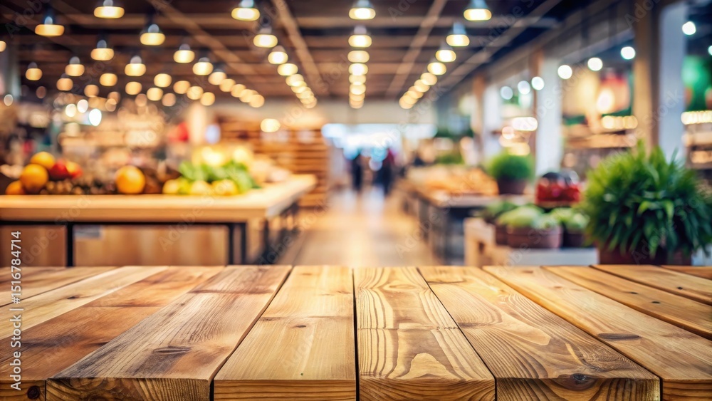 Aufkleber rustic wooden tabletop in a blurred market setting with fresh produce