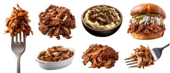 Set of pulled pork shredded barbecue meat, bowl, fork, sandwich burger, dish, shred strips pile stack on transparent cutout PNG. Mockup template for design