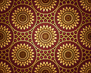 Ornate gold and burgundy floral medallion pattern.