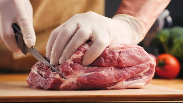 Man cut meat steak, beef pork neck cooking, Cook Butcher. The chef cuts the meat for cooking. Neck carbonate with vegetables cutting on ktchen for bbq grill, marinade. 