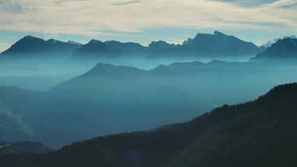 Aerial view of mountains under mist morning