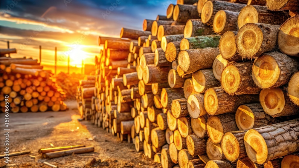 Poster golden hour lumber stack rows of freshly cut timber bathed in the warm glow of the setting sun, a pi
