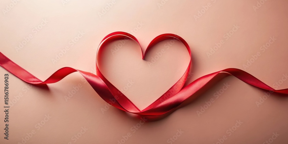 Poster a crimson ribbon elegantly forms a heart shape against a soft peach backdrop, symbolizing affection 