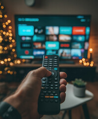 Cozy evening with a remote control and a television displaying streaming options