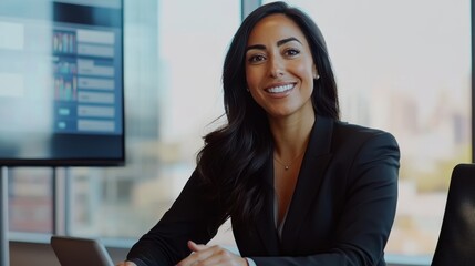 Obraz premium Confident Businesswoman Smiling in Modern Meeting Room
