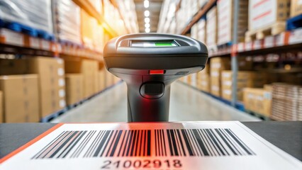 supply chain trends concept. Barcode scanner in a warehouse setting, focusing on logistics and inventory management among stacked boxes.