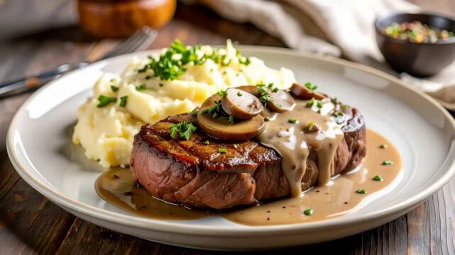 Delicious Plate of Steak and Mashed Potatoes with Mushroom Gravy
