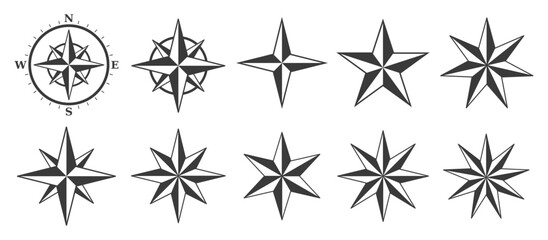 Nautical star icon symbol set. 5, 6, 7, 8 and 9 horns nautical stars logo sign collection. Compass marine navigation logo . Wind rose. Vector illustration. Isolated on white background.