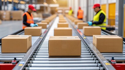 supply chain trends concept. Workers in safety gear sorting packages on a conveyor belt in a warehouse environment.