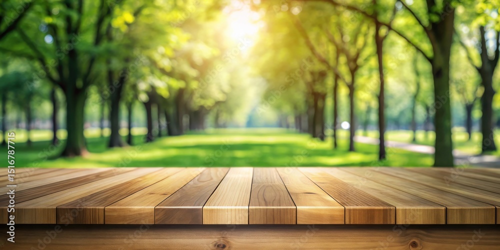 Aufkleber a sunny day's peaceful park setting with a wooden tabletop for display