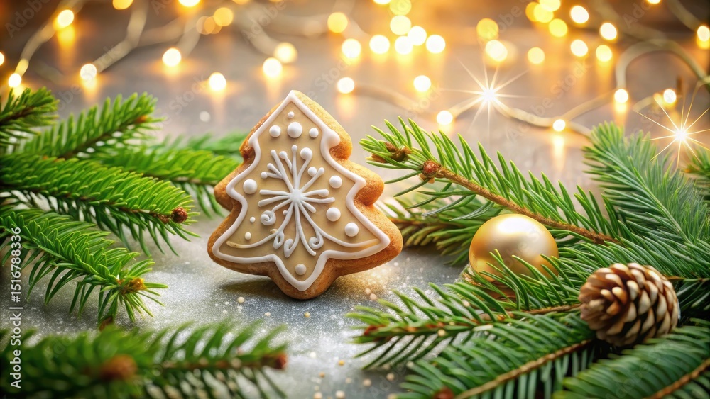 Poster festive holiday cookie tree decorated with icing surrounded by evergreen branches and golden ornamen
