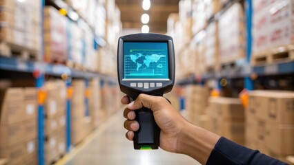 supply chain trends concept. A person holding a handheld scanner in a warehouse filled with stacked boxes, showcasing a digital display on the device.