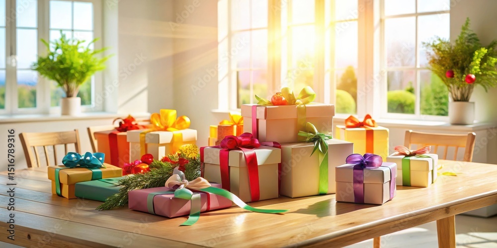 Poster a sunlit table displays an array of festively wrapped presents, showcasing various ribbon colors and