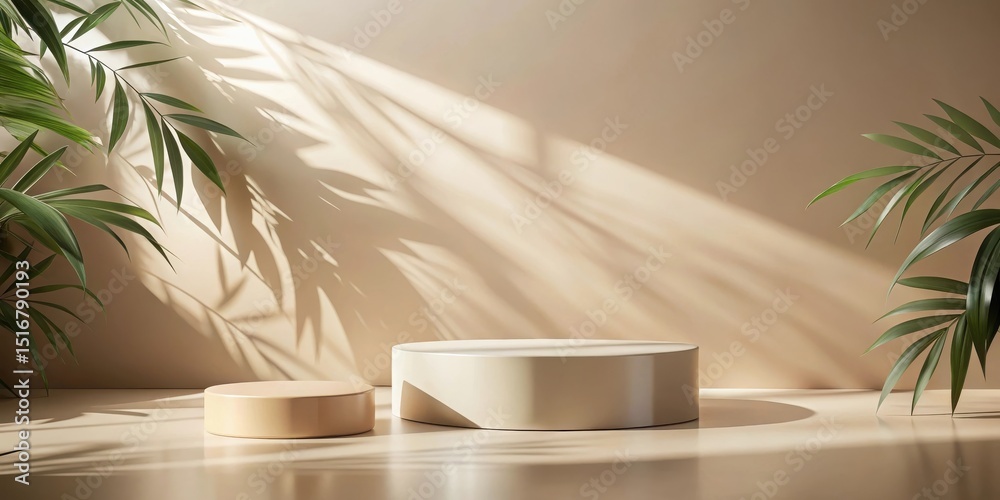 Poster elegant display featuring two minimalist cylindrical platforms bathed in warm sunlight, accented by 