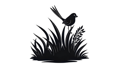 Fototapeta premium Black bird silhouette vector perched on grass illustration for design use silhouette