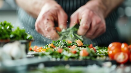 A chef skillfully chops fresh ingredients in a vibrant kitchen, capturing the essence of culinary art, passion for cooking, and the joy of creating delicious dishes from scratch.