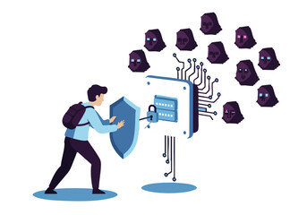 A man defends a computer against digital threats. A shield protects a circuit board, symbolizing cybersecurity. Modern, illustrative style.