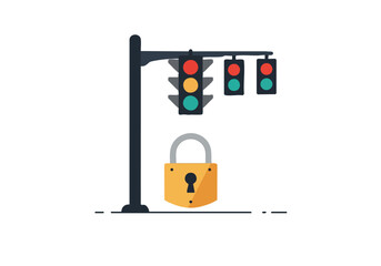 A traffic light is locked with a padlock, symbolizing a traffic lock. Flat design illustration. Suitable for website design, digital marketing, and informational graphics.
