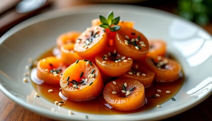 Sweet glazed apricots garnished with sesame seeds served in a stylish bowl in a cozy setting