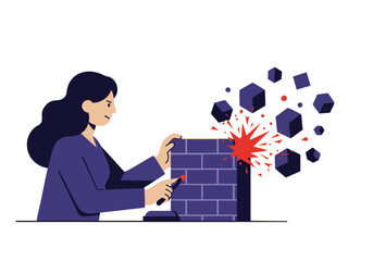 A woman attempts to block digital blocks with a hammer, symbolizing cyber security challenges. Bold colors and dynamic composition create a striking visual.