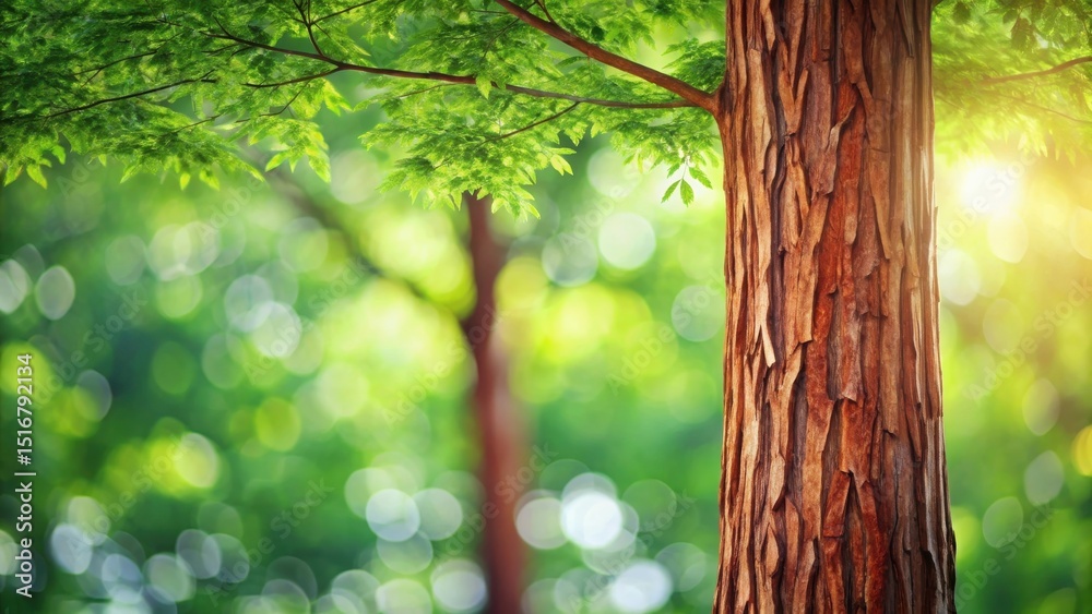 Poster lush green canopy and sunlit tree trunk in a vibrant forest setting