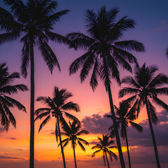 Obraz premium Tropical Sunset: Silhouette Palm Trees at Dusk