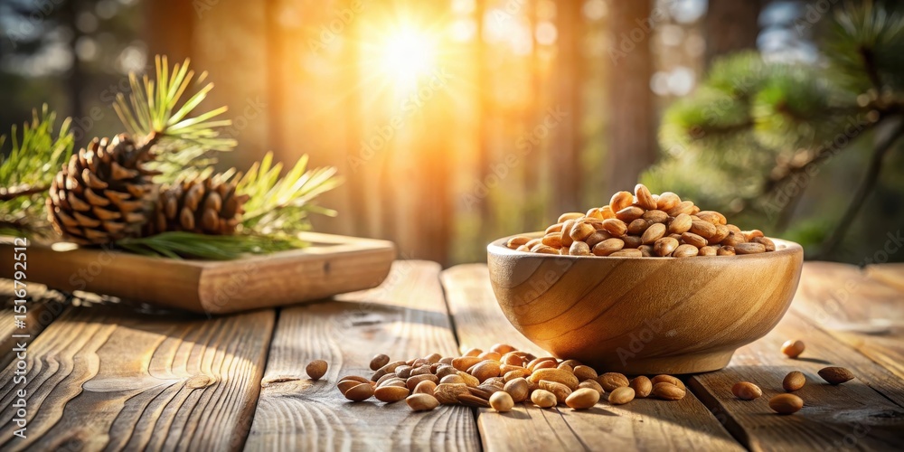 Poster golden pine nuts in a wooden bowl on a rustic table with pine cones in the background bathed in warm