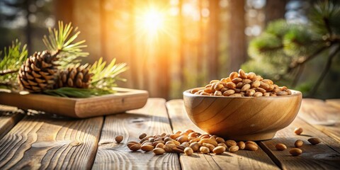 Golden pine nuts in a wooden bowl on a rustic table with pine cones in the background bathed in warm sunlight