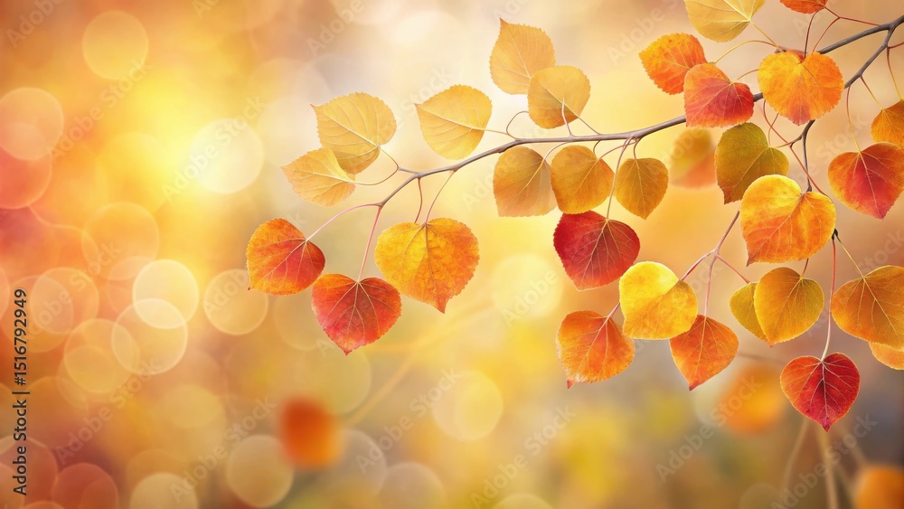 Aufkleber autumnal branch with vibrant golden and red leaves against a soft bokeh background