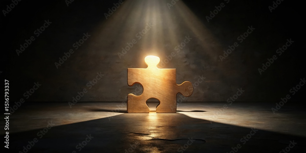 Poster illuminated wooden puzzle piece, symbol of solution and completion in a dark setting