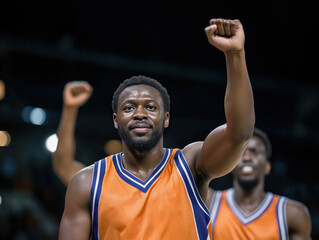 African American basketball player celebrating victory with raised fist, wearing orange jersey, surrounded by teammates in a dynamic sports arena atmosphere, showcasing team spirit and excitement