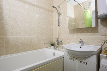 Cozy bathroom with beige tiles, white sink and toilet, a water heater, and a decorative plant.