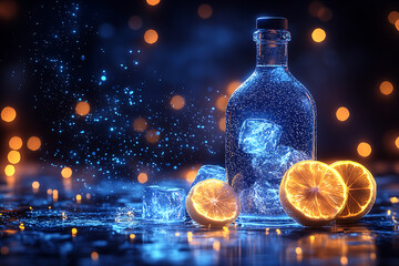 Glowing wireframe of a bottle filled with ice cubes and lemon slices, on a transparent background, enhanced with blue and black data points for a tech-inspired visual effect.

