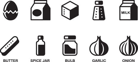 Flat Vector Icons of Food Ingredients on Background_ Egg, Milk, Butter, Garlic, Onion, Spice Jar, Bulb, Grater